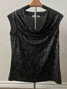 Emily Daniels Cowl Neck Sleeveless Top Black w/ Silver Geometric Pattern Small